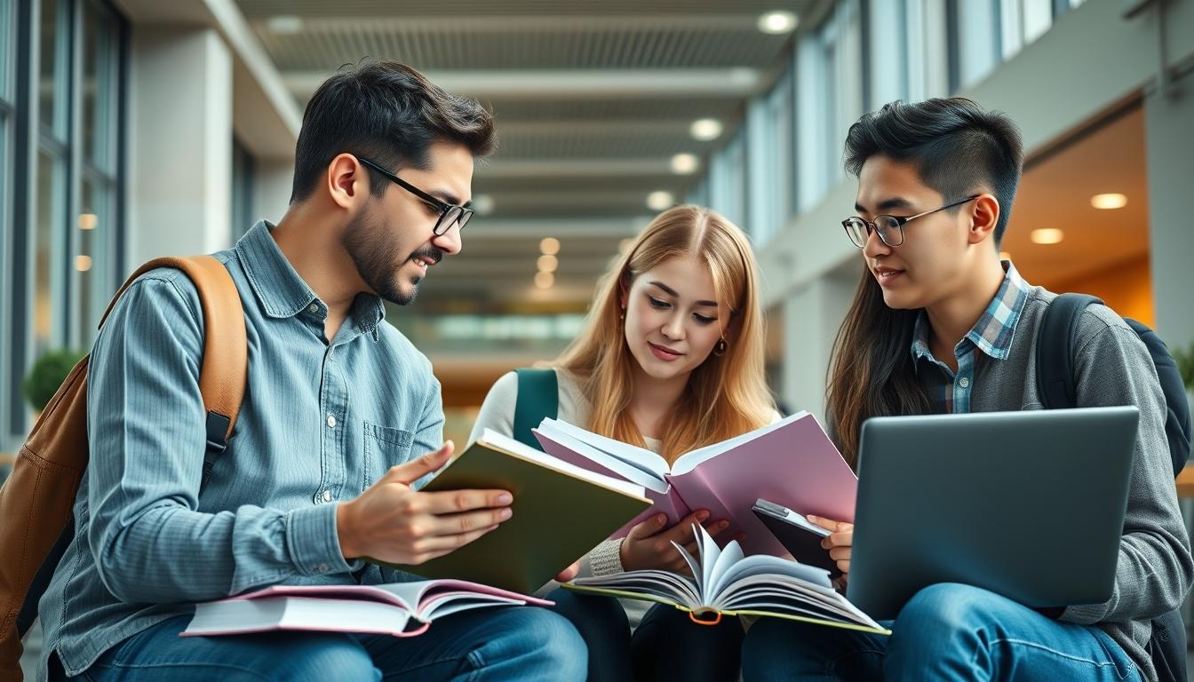 Students studying together in modern classroom